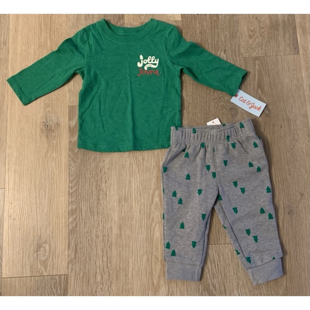 Cat & Jack Boys  Size 12 Months Green & Gray Holiday Outfit Says Jolly & Joyful”